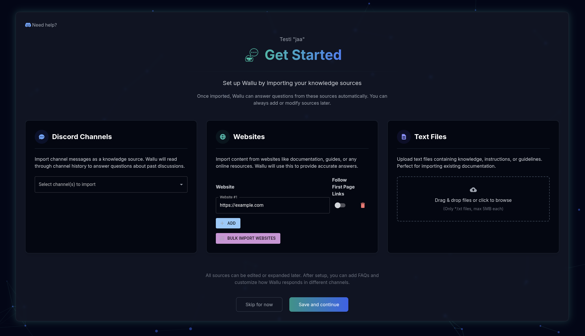 Wallu admin panel: get started page