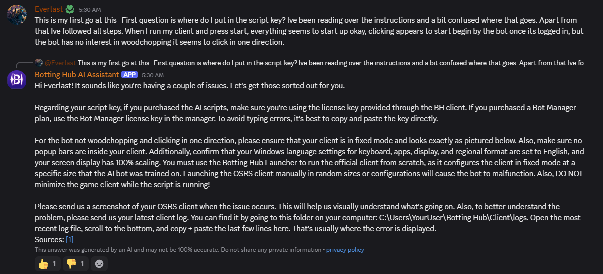 Wallu providing detailed support for a botting script question.