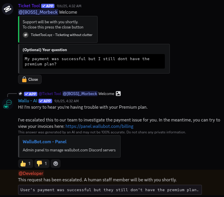 Wallu escalating a support ticket to human staff.