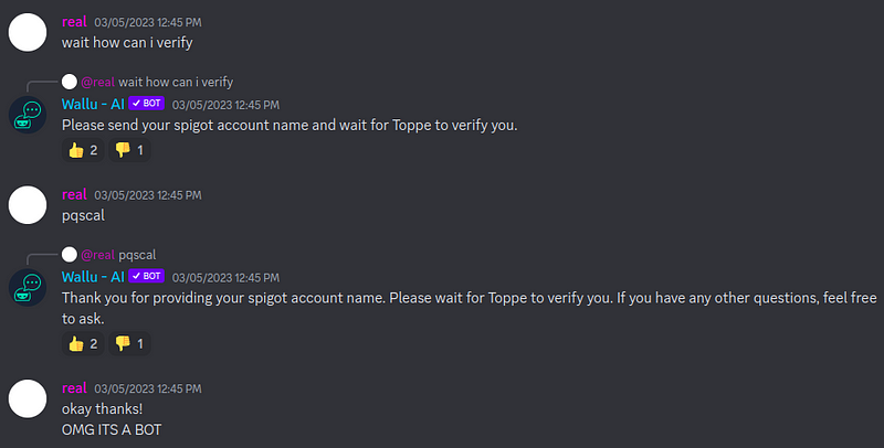 A user surprised that Wallu is a bot.