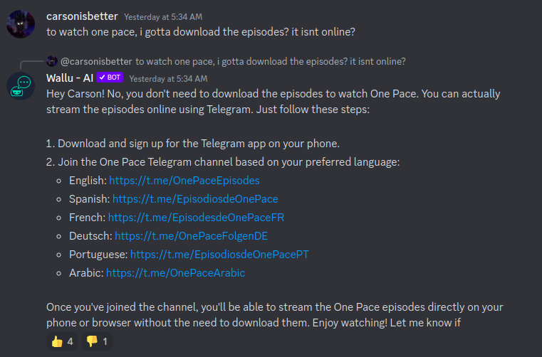 Wallu helping a user with streaming One Pace episodes.