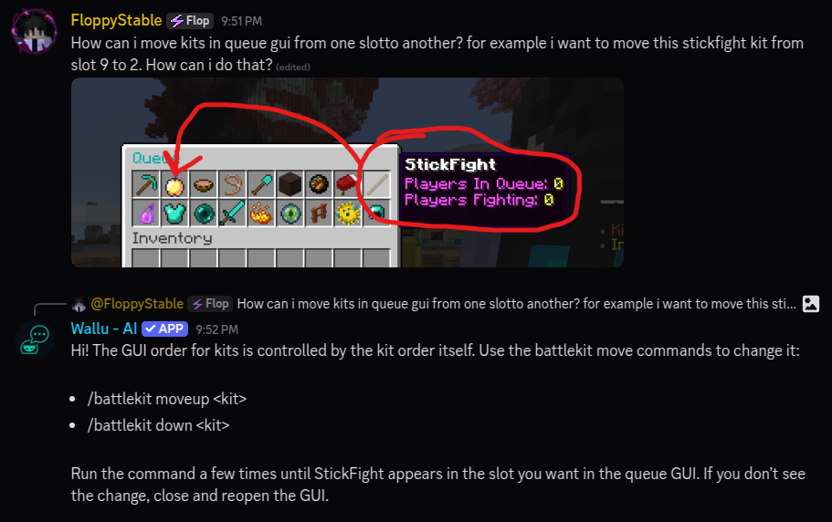 Wallu explaining how to use slash commands to manage kits.